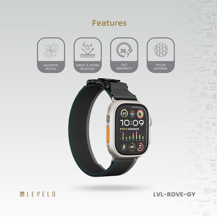 Levelo Rove Nylon Watch Strap with Magnetic Buckle, Compatible with 49/46mm Smartwatches & Apple Watch SE, Series 9, 8, 7, 6, 5, Abrasion Resistance, Hypoallergenic Material, Easy Snap-On & Quick Release Mechanism, Water-Resistant, Sweat-Resistant, 24/7 Wearability - Gray