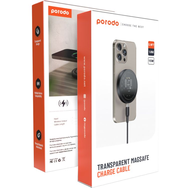 شاحن بورودو شفاف MagSafe مع كابل Type-C بطول 1.8 متر، بقوة خرج لاسلكية قصوى 15 واط، اتصال مغناطيسي قوي، متوافق مع أجهزة متعددة - أسود