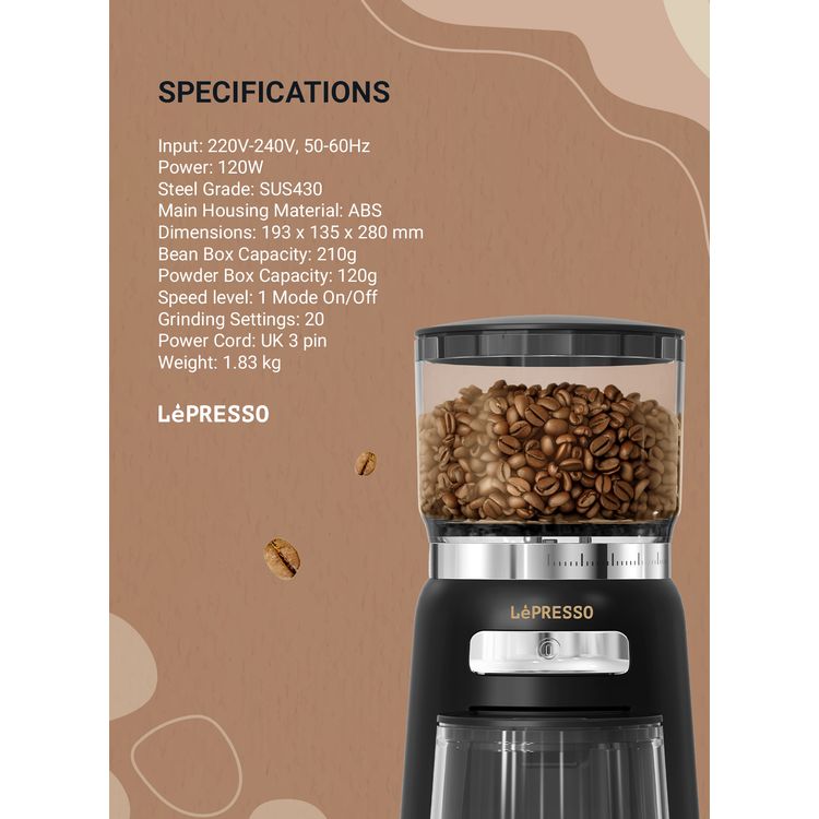 LePresso High Performance Coffee Bean Grinder with User-Friendly Design, 150W Power, Durable ABS Material, 210g Bean Box Capacity, 120g  Powder Cup Capacity - Black