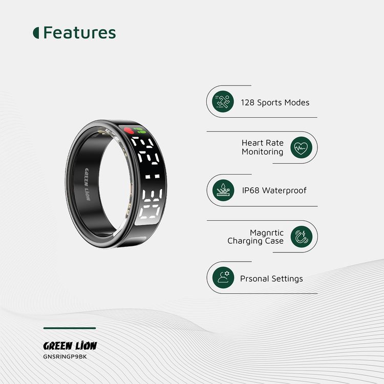 Green Lion Smart Ring Pro with Digital Display, Size 9 (18.9mm), 5.1 Bluetooth Connection, IP68 Waterproof Level, 5 ATM Dustproof Level, 128KB ROM + 96KB RAM, 10–15 Days Standby Time, Compatible with Android 9 & Above, iOS 10 & Above - Black