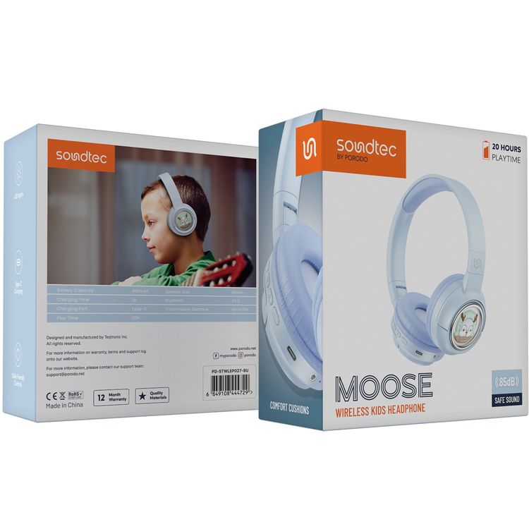 Porodo Soundtec Moose Wireless Kids Headphone, V5.3 Bluetooth, 2H Charging Time, 40mm Speaker Size, 20H Play Time, LED Lights, 400mAh - Blue