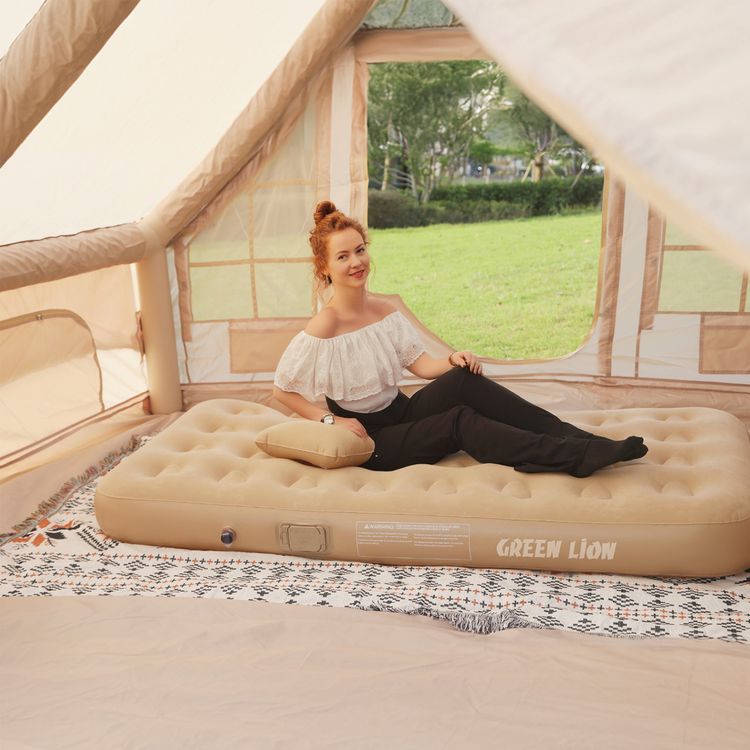 Green Lion GMT-190 Automatic Inflatable Mattress with Built-in Pump, 150kg Load Capacity, Skin Friendly Fabric, Easy to Keep, Single Pillow, 40W Power - Beige