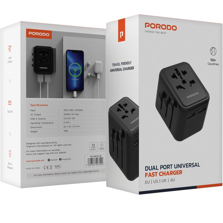 Porodo Dual USB-A Universal Travel Adapter 2.4A, Lightweight & Portable, Travel Friendly, Fast Charging, Dual USB-A, 0–35°C Operating Temperature, Built-in Safeguards - Black