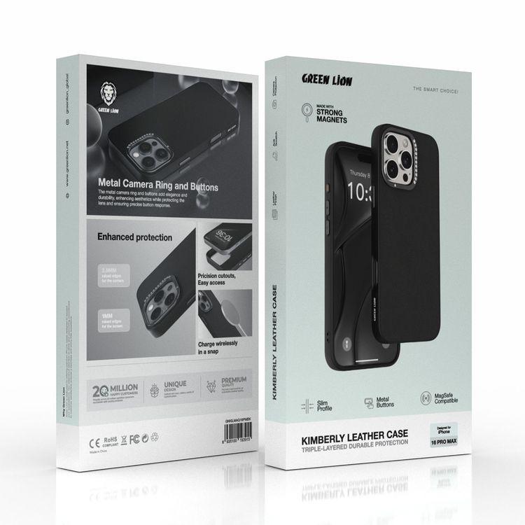 جراب جلدي Green Lion Kimberly لهاتف iPhone 16 Pro Max، أزرار معدنية، فتحات دقيقة، حماية للكاميرا، متوافق مع MagSafe - أسود 