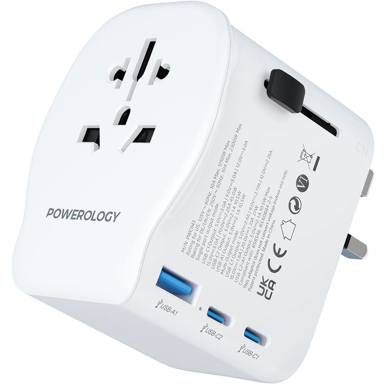 Powerology Universal Travel Adapter with PD 45W, USB-A & Dual USB-C Ports, US/ CN/ UK/ DE Plugs, Multiple Sockets, GaN Technology, Built-in Safeguards, +150 Countries Compatibility - White