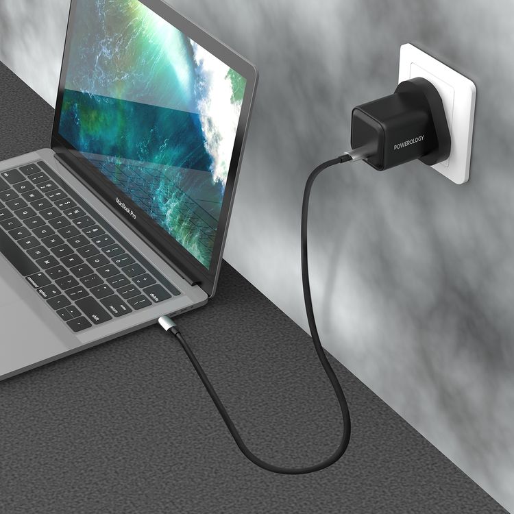 The Powerology 35W Ultra-Quick GaN Charger with UK Plug, USB-C Output Port, Fast Charge, Portable & Compact Design, Built-in Safeguards, 100-240V Input - Black