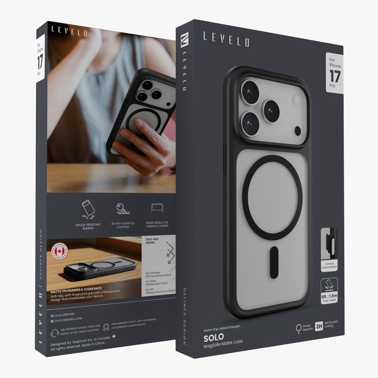 Levelo Solo Matte MagSafe Case for iPhone 17 Pro, 9H Tempered Glass, 3H Anti-Scratch Coating, Raised Bezels for Camera & Screen, Clear Back with Matte TPU Bumper, Anti-Fingerprint, Dust-Free Design - Black