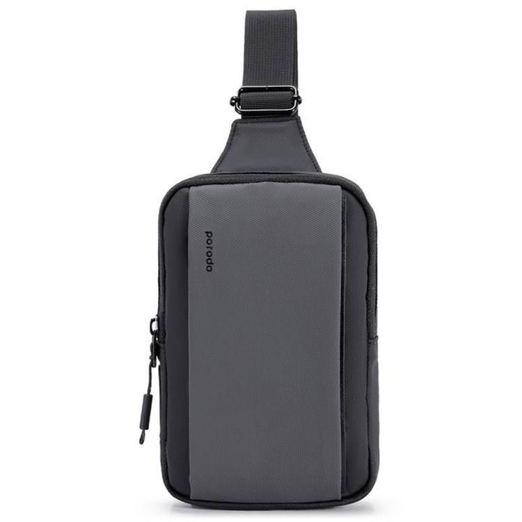 Porodo Lifestyle Sling Bag with Adjustable Shoulder Strap, Durable Material, Smooth Zipper, Type-C Charging Port, PD 20W, Water Resistant - Black / Gray