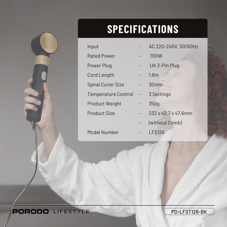 مجفف شعر متعدد التصفيف من بورودو لايف ستايل مع 5 أمشاط تجفيف، 3 أوضاع لتدفق الهواء، قوة 600 واط، أيونات سالبة لمنع التجعد، 3 إعدادات للتحكم في درجة الحرارة - أسود