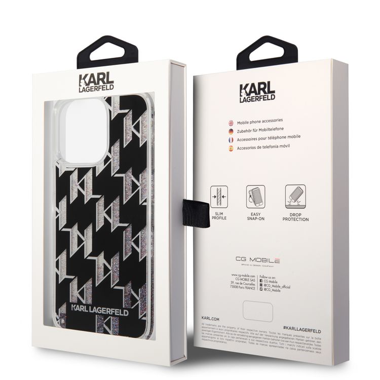 Karl lagerfeld Liquid Glitter Case Monogram Pattern & Multicolor Glitter iPhone 14 Pro Max Compatibility - Black