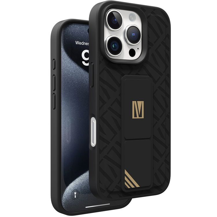 كفر حماية ليفيلو مورفيكس كويرو بمسند لهاتف آيفون 16 برو، قبضة مدمجة، سهل التركيب، زوايا مقاومة للصدمات - أسود