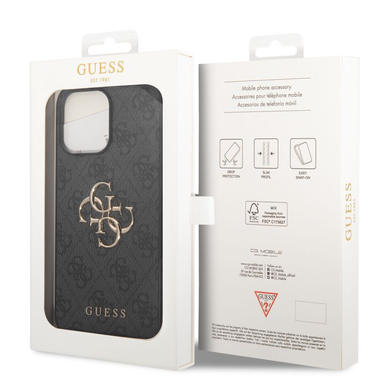 Guess PU Leather 4G Classic and Stylish Case with Big Metal Logo iPhone 14 Pro Max Compatibility - Grey