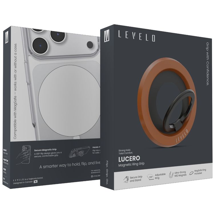 Levelo Lucero 2-in-1 Phone Ring Holder with N52 Magnets, Non-Slip Surface, 135° Flip Design, Comfortable Grip, 4000GS Magnetic Force - Orange