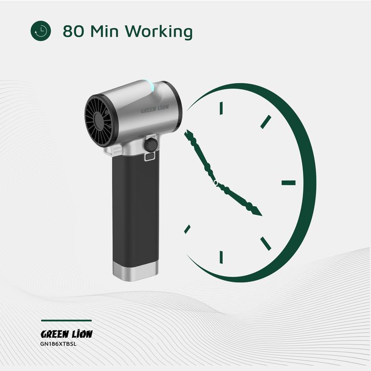 منفاخ توربو GB-186X من Green Lion بسعة بطارية 4000 مللي أمبير في الساعة، ومدة شحن 2.5 ساعة، ومدة عمل من 6 إلى 80 دقيقة، ومنفذ شحن تيار مستمر، ومادة طلاء ABS والسيليكون والمعادن - فضي
