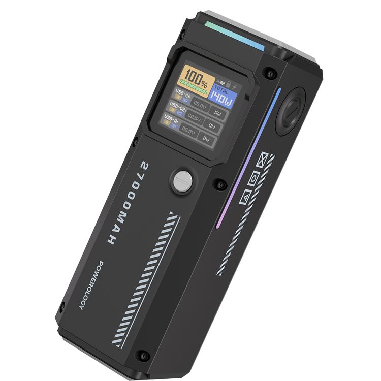 Powerology Énergie 27000mAh Power Bank with AC Outlet, Dual USB-C & Dual USB-A Ports, 140W PD, 18W QC, 130W Peak AC Output, Built-in Safeguards, Smart Info Display - Black