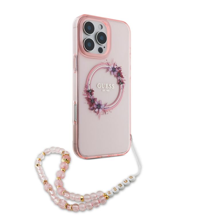 Guess Magsafe IML Hard Case for iPhone 16 Pro with Flower Wreath Design & Pearl Strap, Lightweight, Comfortable Grip, Drop Protection - Pink