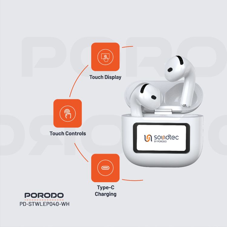 Porodo Soundtec Glimpse ANC Earbuds with Touch Display & Touch Control, 4 Hours of Play Time, Personalized App Control, High-Fidelity Audio, 300mAh Battery Capacity, 10m Transmission Range - White