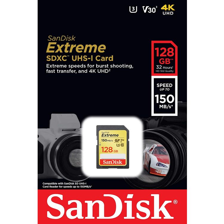 SanDisk Extreme SDXC Card 128 Gb 150 Mb/s V30 UHS-I U3 - Black - Black