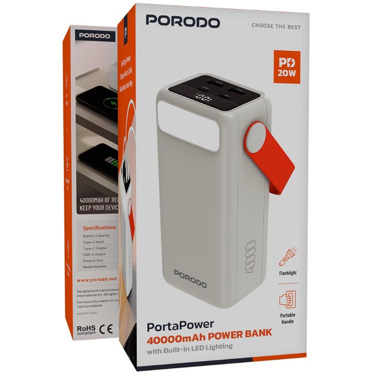 Porodo PortaPower 40000mAh Power Bank with Built-in LED Lighting, PD 20W, 22.5W Max USB-A Output, Flashlight, Portable Handle, Multiple Output Ports, Smart Protection Features, Fast Charging - White