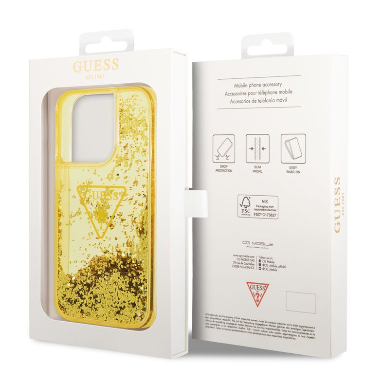 Guess Liquid Glitter Case With Translucent Triangle Logo - iPhone 14 Pro - Yellow