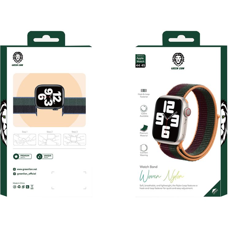 Green Lion Nylon Sport Loop Watch Strap for Apple Watch 44/45mm, Hook & Loop Fastener, Quick & Easy Adjustment, Comfortable Fit, Breathable & Lightweight - Cherry / Pine Green