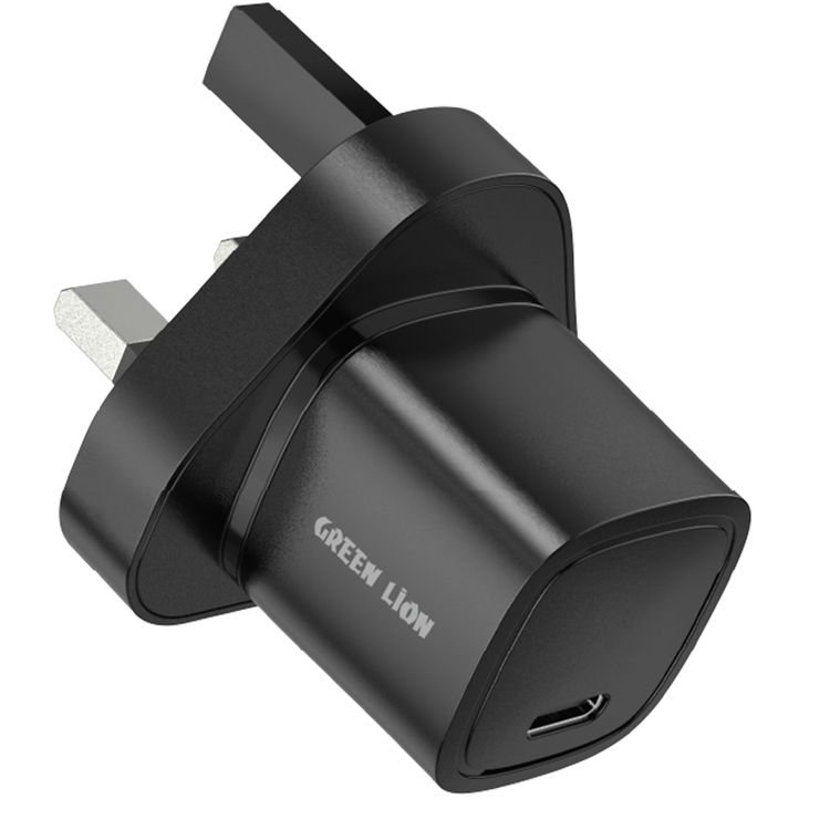 Green Lion Mini UK Charger with Type-C to Type-C Cable, 20W Power Delivery, 100-240V Input Voltage, Multiple Protections, Fast Charging Support, Compact & Lightweight Design - Black