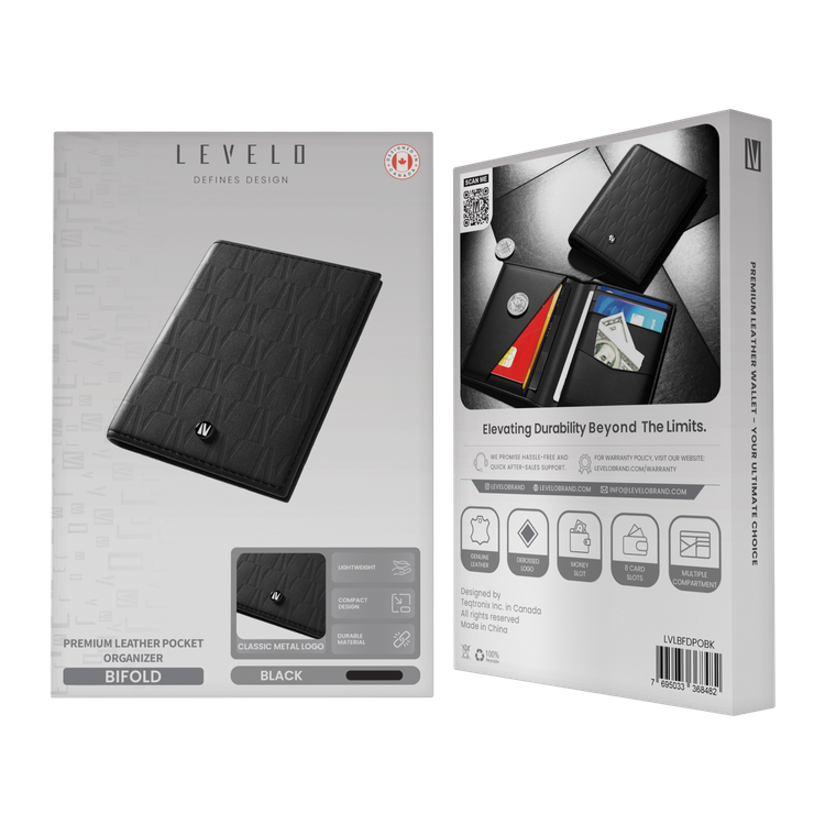 Levelo Bifold Black Genuine Leather Pocket Organizer with Debossed Logo, 8 Slots, Genuine Leather, Medium - Black