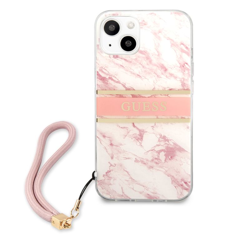 CG MOBILE Guess PC/TPU Case Marble Design & Stripe with Anti-Lost Nylon Strap for iPhone 13 (6.1") Shock Absorption & Drop Protection Suitable with Wireless Chargers Officially Licensed Pink