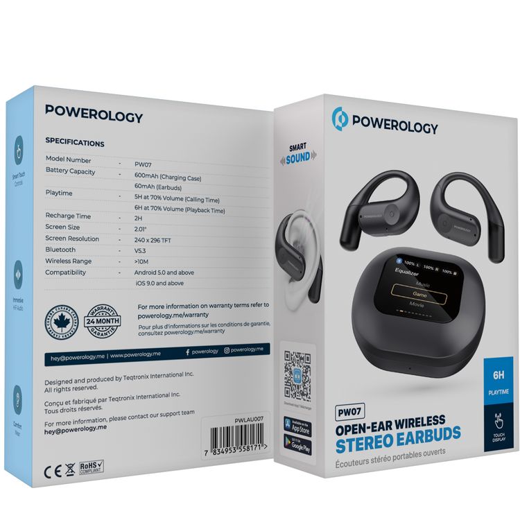Powerology Air Conduction ENC TWS Earbuds and Charging Case with Digital Display, Bluetooth Version 5.3 - Black