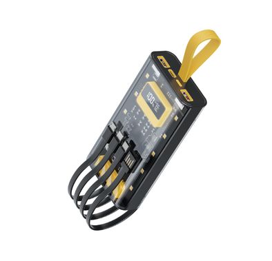 Green Lion Transparent Pro Power Bank 10000 mAh, PD 20W, Fast Charging, Micro & Type-C & Lightning & USB- A Built-in Cables, Digital Display - Black / Yellow