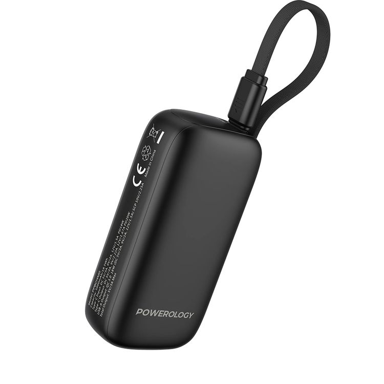 بنك طاقة Powerology بسعة 5000 مللي أمبير في الساعة مع سلك USB-C قابل للإزالة، وتقنية شحن متقدمة، وشحن لجهازين، وصغير الحجم وقابل للحمل، مع حماية مدمجة، وتوصيل طاقة بقوة 20 وات - أسود