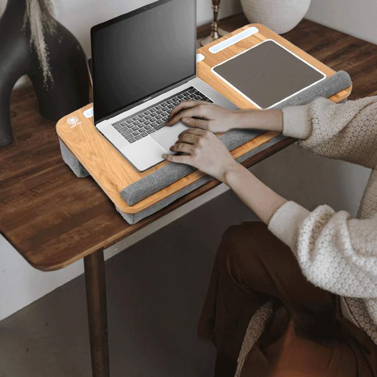 Green Lion Portable Laptop Desk with 17" Screen Size, Dual Cushions, Wood & Fabric Material, Carry Strap, Mouse Pad, Phone & Tablet Holder, 3kg Max Load - Gray