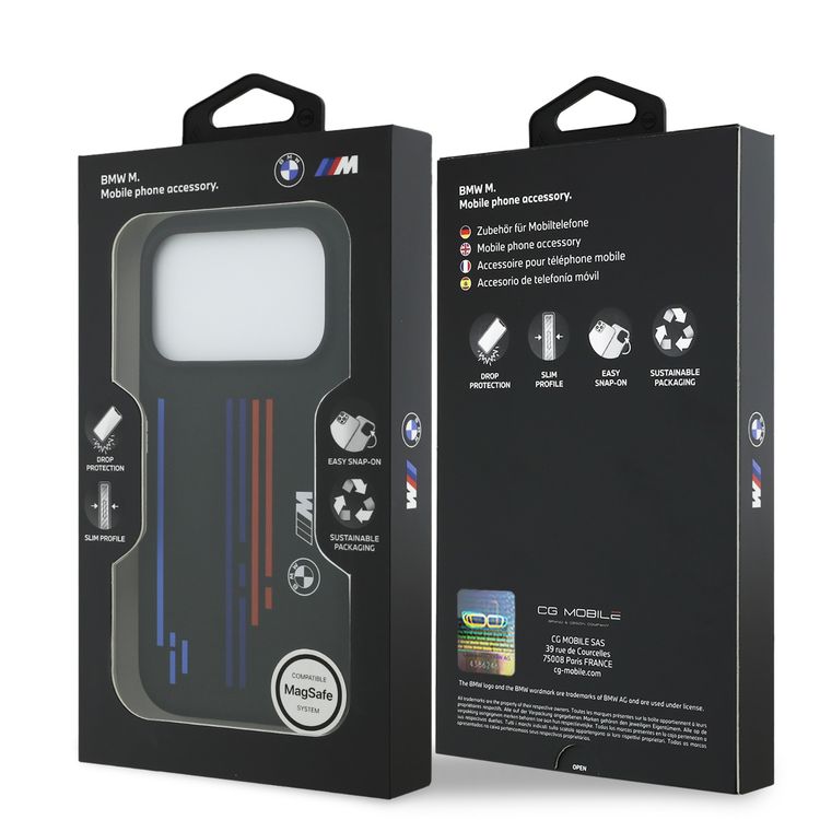 BMW MagSafe Liquid Silicone Case with Printed Multi-Tricolor for iPhone 17 Pro Max, Drop Protection, Slim Profile, Easy Snap-On, Sustainable Packaging - Black