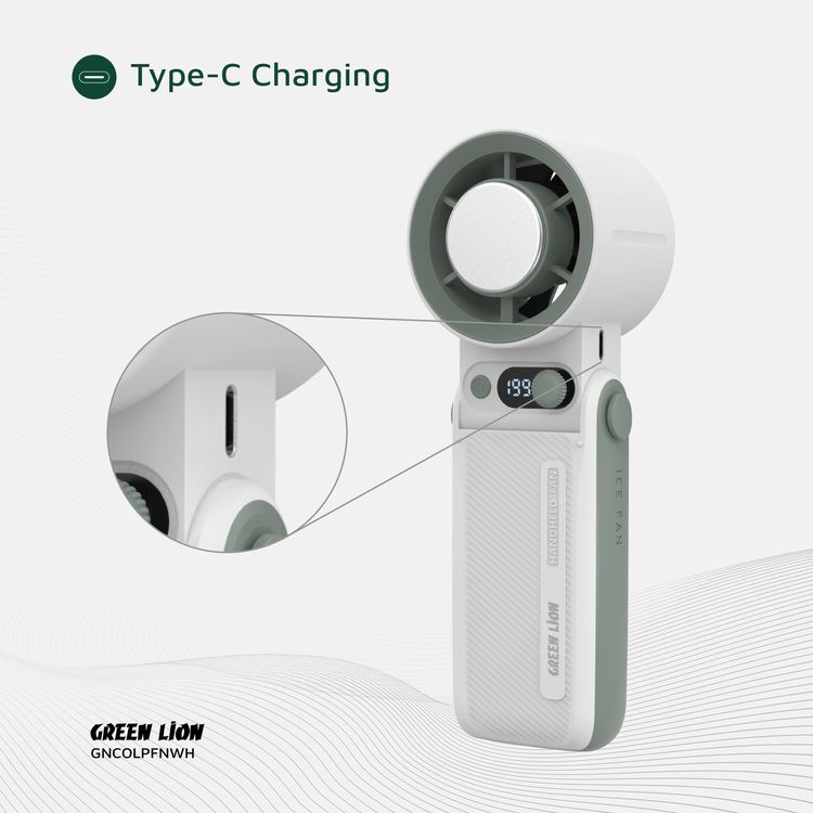 Green Lion Coolio Portable Fan with 1-199 Speed Levels, 6000mAh Battery Capacity, 5 Hours Charging Time, Type-C Charging Port, ABS + PC & Aluminum Alloy Material, 30 Hours Working Time, Silent Operation - White