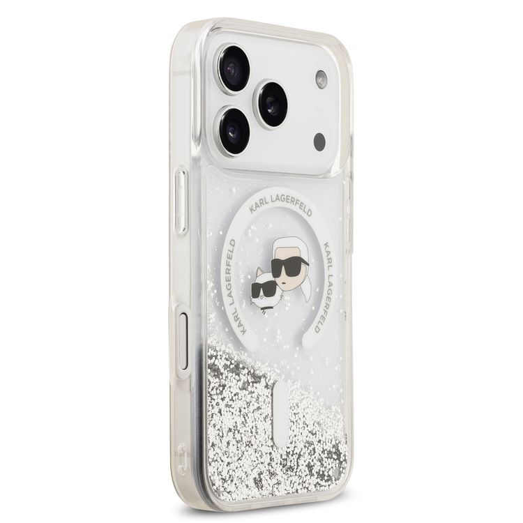 Karl Lagerfeld MagSafe Liquid Glitter Case with Karl & Choupette Heads for iPhone 17 Pro Max, Drop Protection, Comfortable Grip, Slim Profile & Lightweight Design, Sustainable Packaging, Easy Snap-On - Transparent