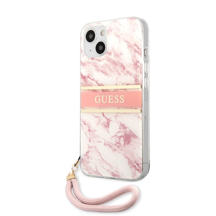 CG MOBILE Guess PC/TPU Case Marble Design & Stripe with Anti-Lost Nylon Strap for iPhone 13 (6.1") Shock Absorption & Drop Protection Suitable with Wireless Chargers Officially Licensed Pink