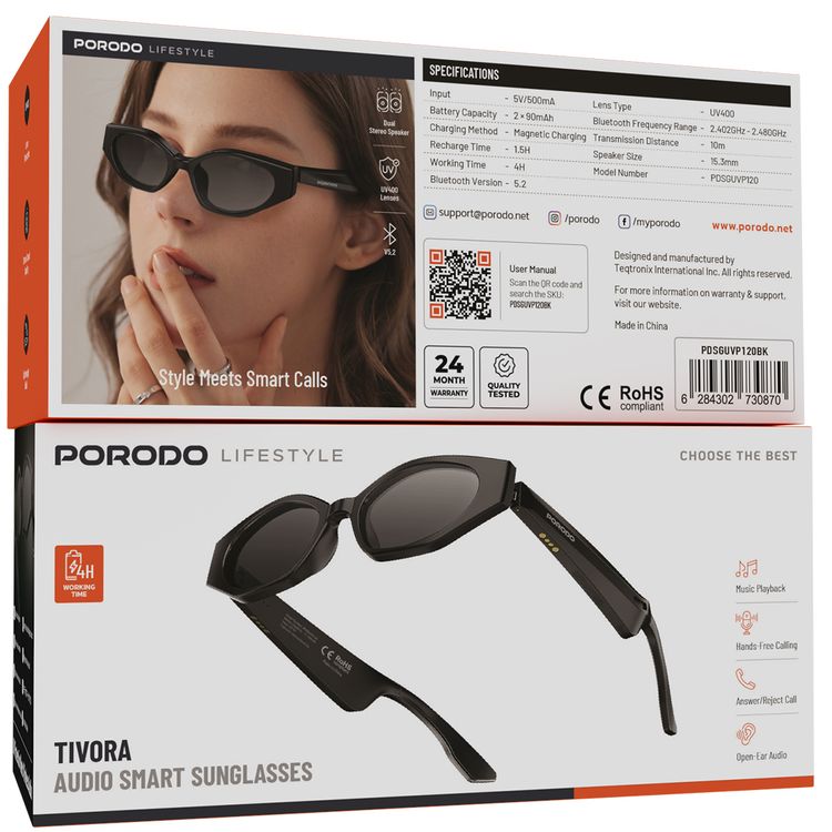 نظارات بورودو تيفورا الذكية الصوتية مع 4 ساعات من وقت العمل، حماية عدسة UV400، جودة صوت استريو، تصميم خفيف الوزن، صوت مفتوح الأذن، مسافة نقل 10 أمتار - أسود