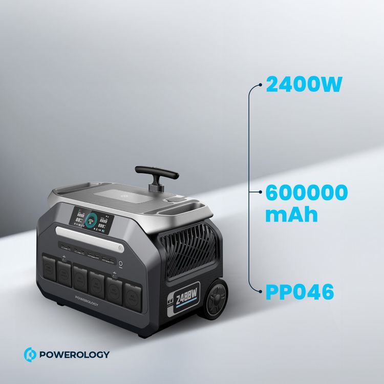 Powerology Solar Input Portable Generator 2400W, PD 100W, 600000mAh, 1.5h Charging Time, 3 DC Outputs, 4 AC Sockets, UK 3 Pin Plug - Black