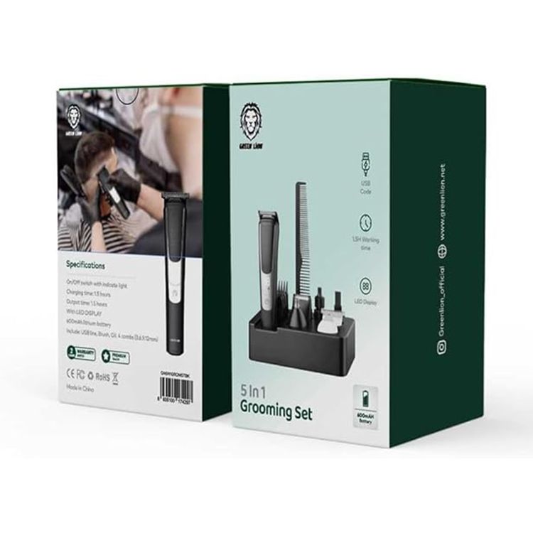 Green Lion 5-in-1 Grooming Set with 4 Combs ( 3, 6, 9 & 12 mm ), 1.5 Hours Working Time, 600 mAh Battery Capacity, LED Display - Black
