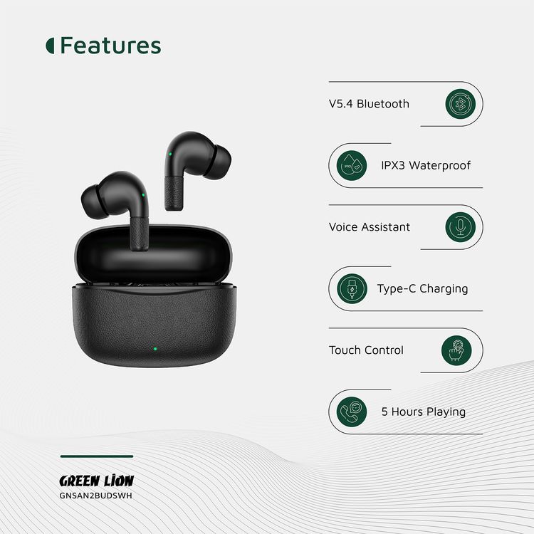 Green Lion Santorini 2 True Wireless Earbuds with Touch Controls, Up to 5 Hours Play Time, ABS Material, 2500 Hours Standby Time, 13mm Speaker Size, ENC Dual Microphones, High-Quality Sound, Voice Assistant - Black