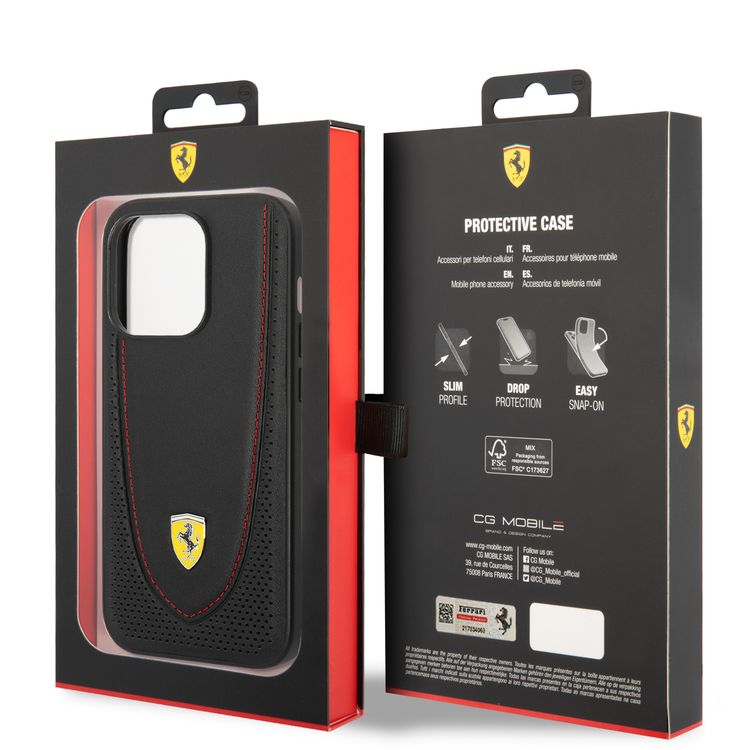 CG Ferrari Magsafe Compatibility Genuine Leather Hard Case with Curved Line Stitched iPhone 14 Pro Compatibility - Black