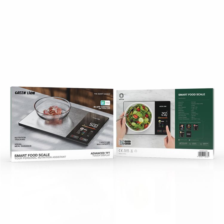 Green Lion Smart Food Scale with Advanced TFT Touch Display, Stainless Steel Surfaces, 60 Preloaded Food Options, Instant Tare Function, Multi-Unit Support, Stainless Steel + HIPS Material, Bluetooth Version 5.2, 4×AAA Batteries, 120 sec Auto Shut Off - Black 