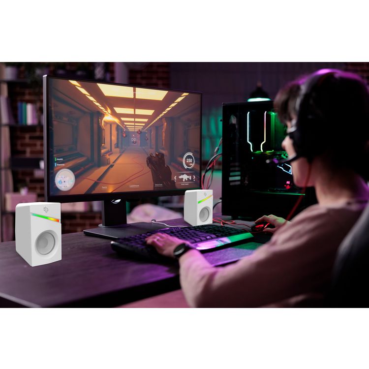  Porodo Gaming Stereo Speakers with Volume Knob Control, Broad Compatibility, Plug & Play, 6W Audio Output, 3.5mm  Audio Interface, 7 Colors Rainbow Lighting - White