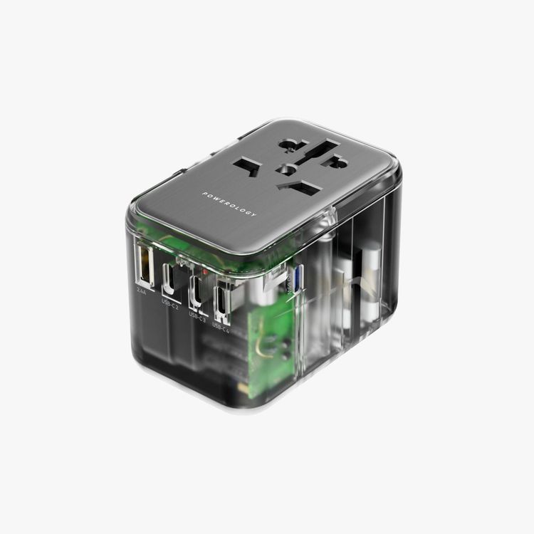 Powerology 65W PD Universal Multi-Port Travel Adapter with Quadruple USB-C Output - Transparent Gray
