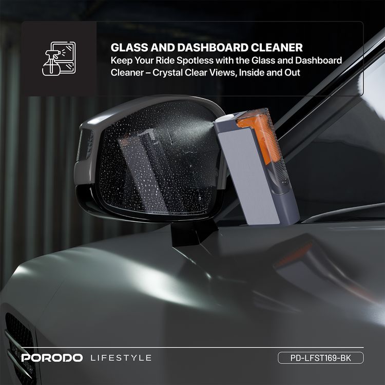 Porodo Lifestyle Vehicle Emergency Safety Kit with Tool Cleaners, ABS Material, Lightweight & Portable, Safety Hammer Included, Easy to Use, Glass & Dashboard Cleaner Supplied - Black