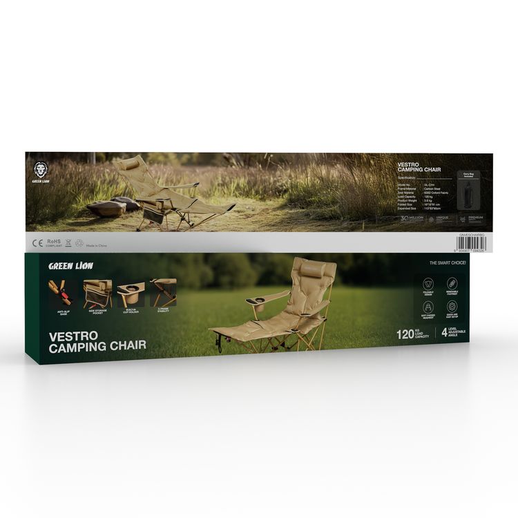 Green Lion Vestro Camping Chair with Anti-Slip Base, Removable Footrest, Lightweight Design, Wear-Resistant Fabric, Side Storage Pocket, Built-in Cup Holder, 120kg Load Capacity - Beige