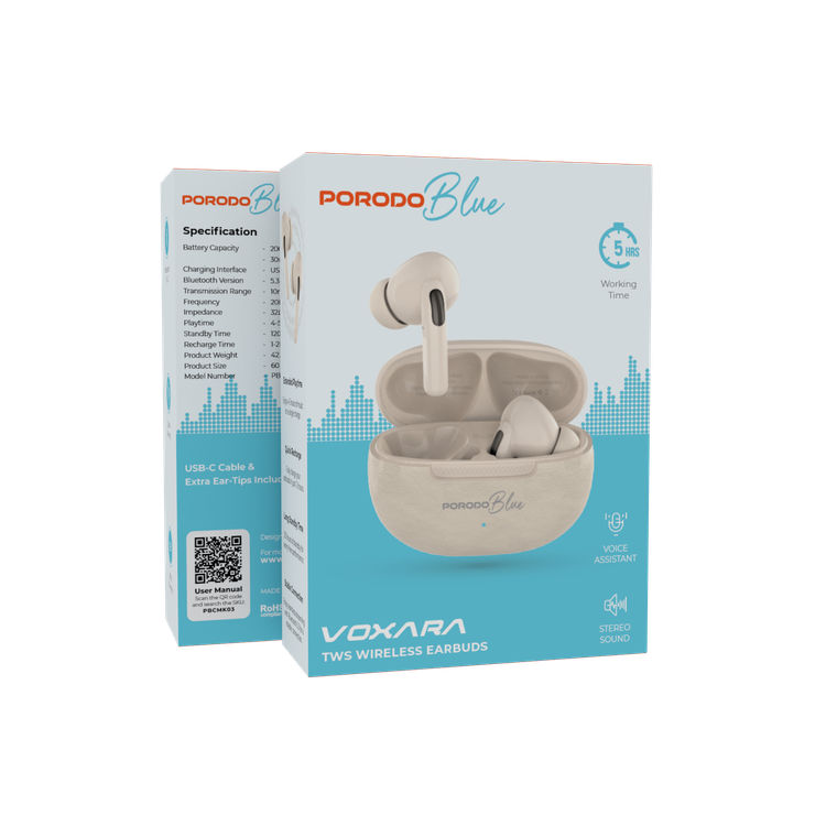 Porodo Blue Voxara TWS Wireless Earbuds, 4-5 Hours Play Time, Stable Connection, 200mAh Charging Case & 30mAh Earbuds Battery, Bluetooth Version 5.3, 10m Transmission Range, Voice Assistant, Quick Pairing - Cream