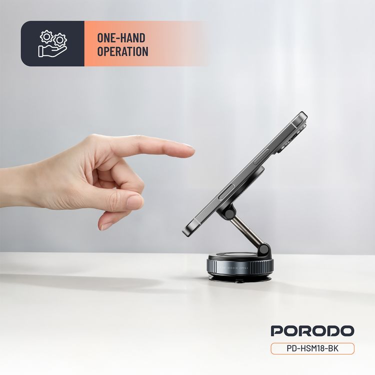 Porodo Vacuseal Rotate-Lock MagSafe Mount with N52 Magnets, Adjustable Viewing Angle, One-Hand Operation, Strong Suction, Horizontal & Vertical Modes - Black