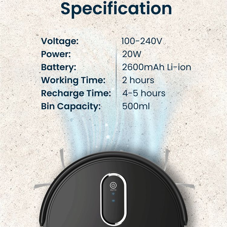 Powerology Smart Robot Vacuum Cleaner with Detection Sensors, 2000Pa Suction Power, 120 Minutes Working Time, Re-Washable HEPA Filter, Google Voice Assistant, 500mL Bin Capacity - Black
