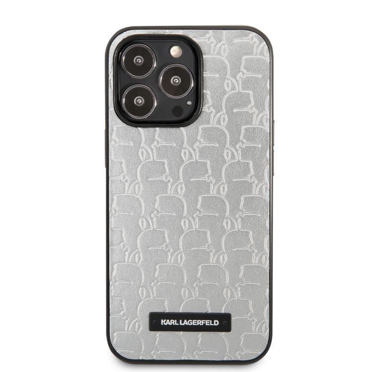 Karl Lagerfeld PU Leather Kameo Embossed Pattern with Plague Hard Case for iPhone 13 Pro - Silver